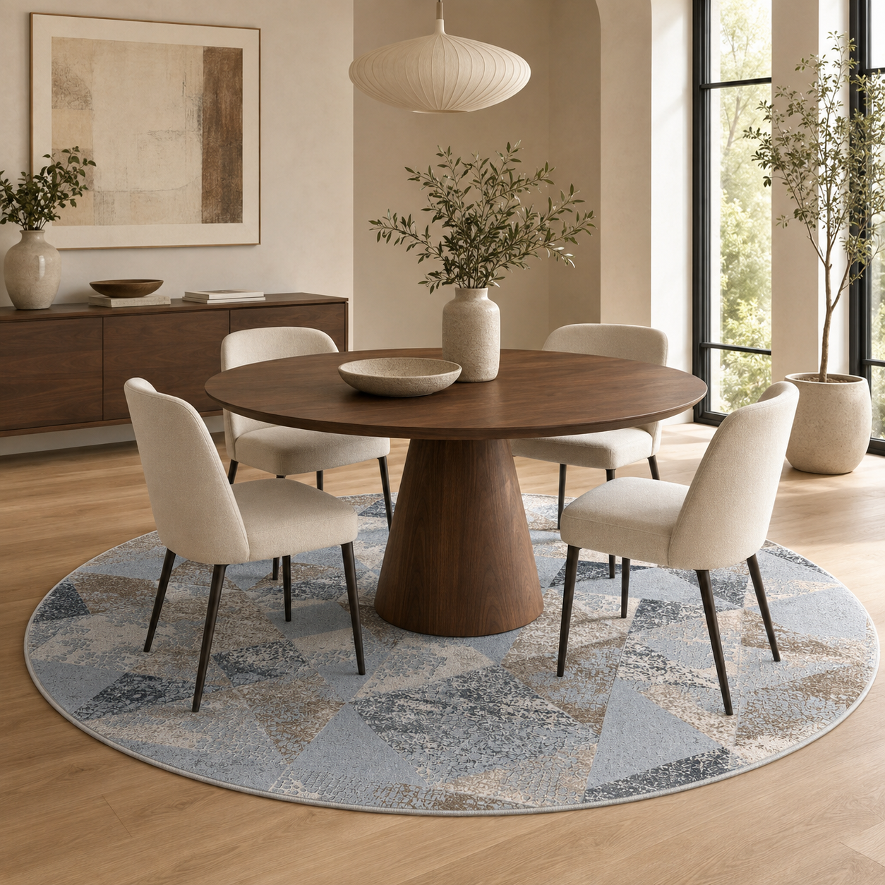 A round dining table set with six upholstered chairs on a large circular area rug in a modern dining room. The room features light wood floors, a wooden sideboard, and a large window with potted plants.