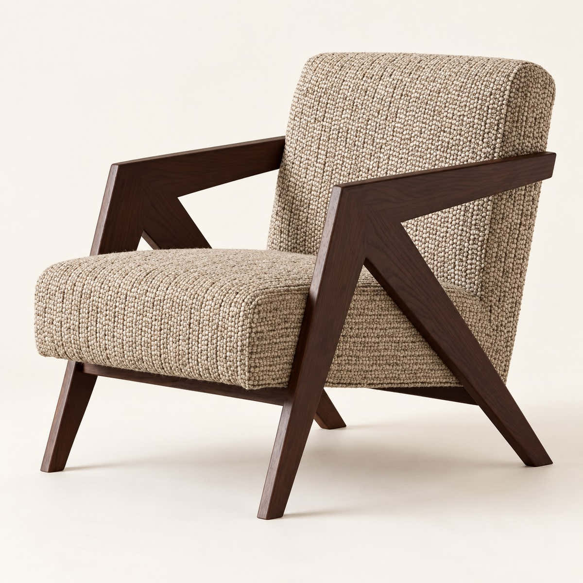 Beige textured accent chair with angular dark wood arms on a neutral background.