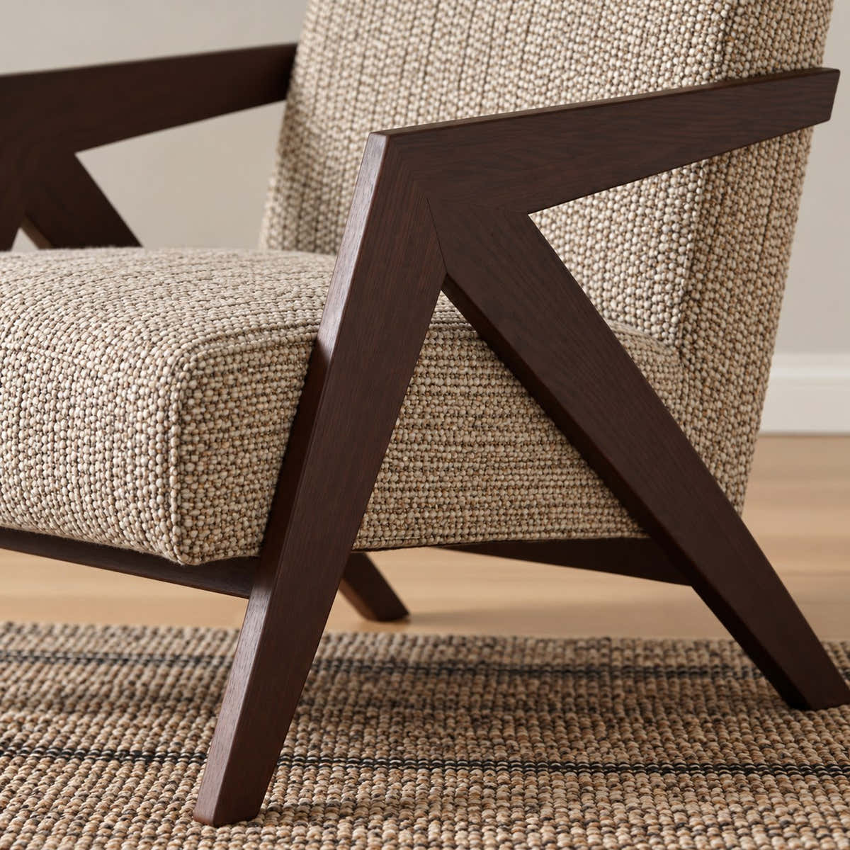 Angular dark wood arm and leg junction.