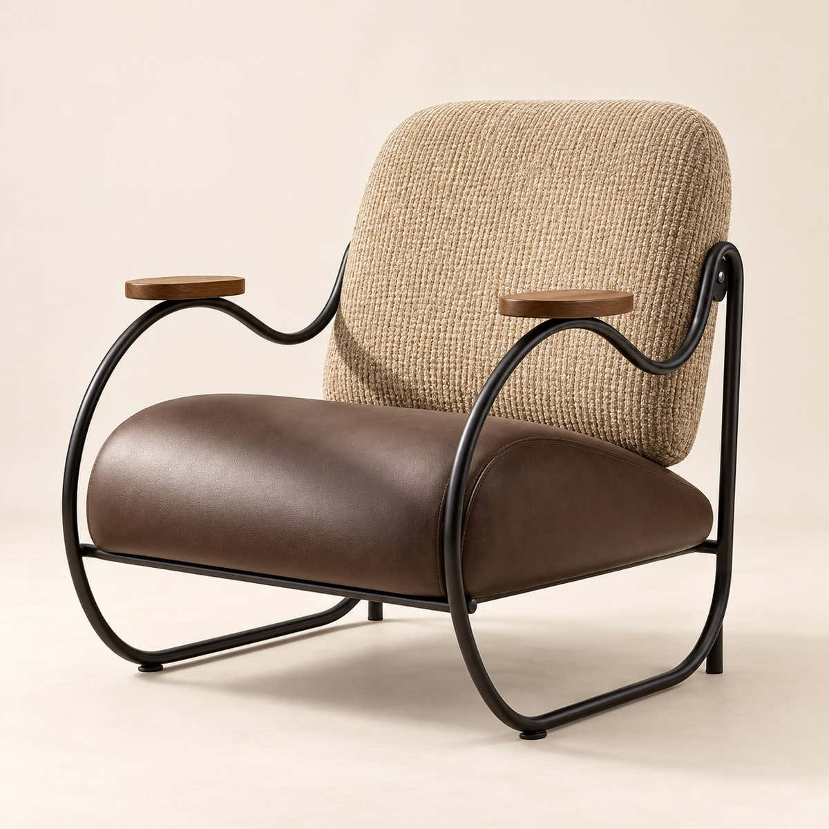 Brown and beige lounge chair with curved dark frame on a neutral background.