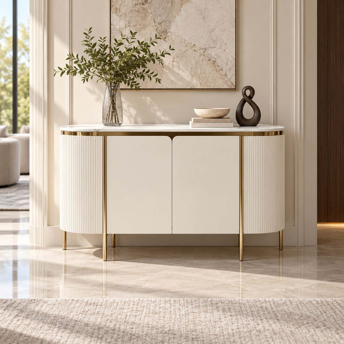 Cream fluted sideboard with pale top and metallic frame styled in a room.