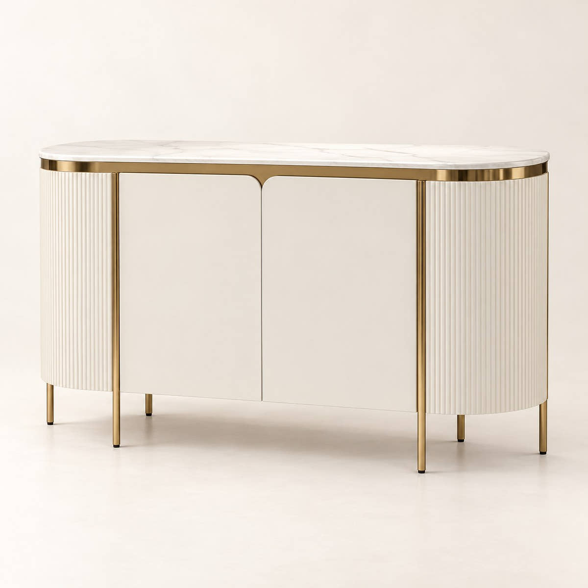 Cream fluted sideboard with pale top and metallic frame on a neutral background.