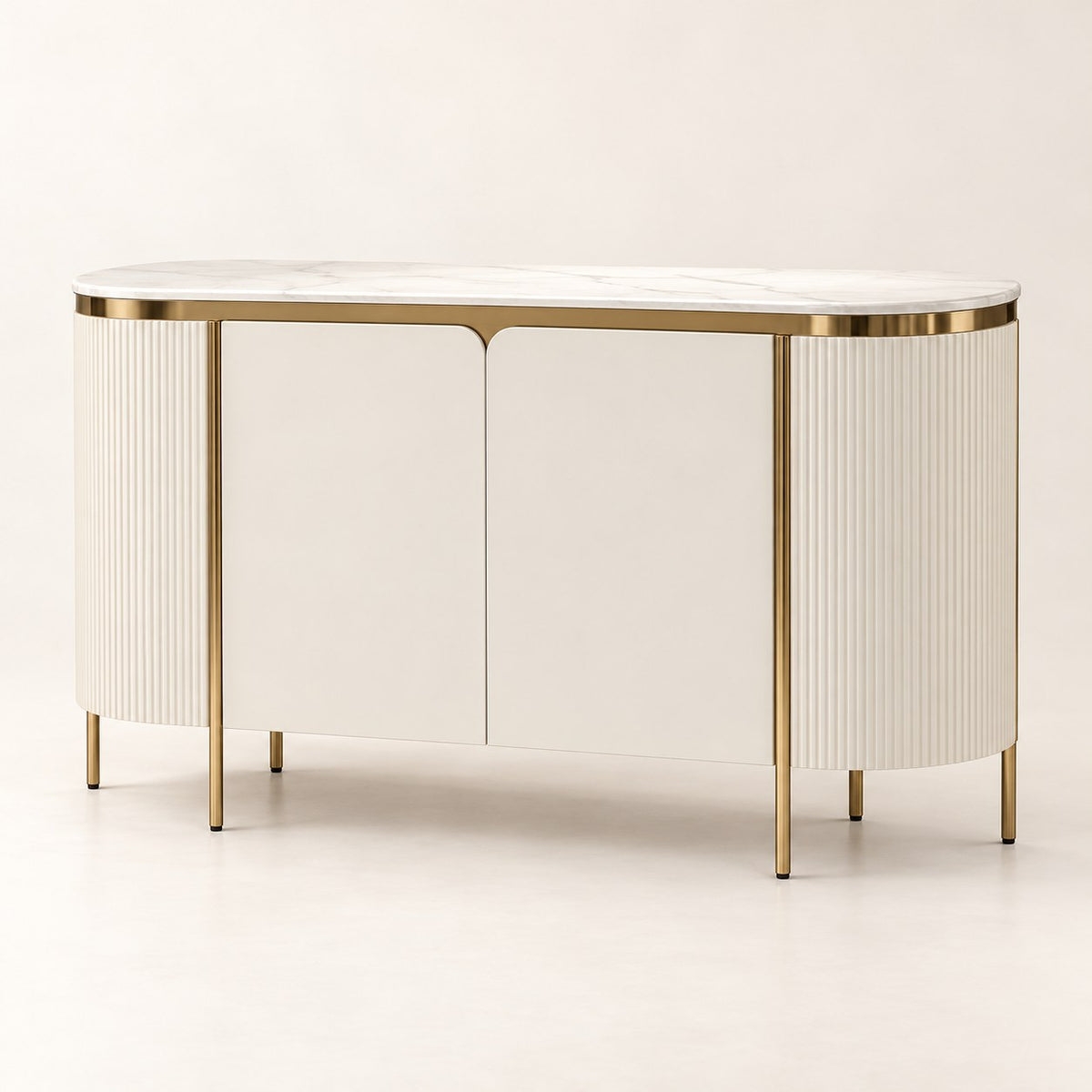 Cream fluted sideboard with pale top and metallic frame on a neutral background.