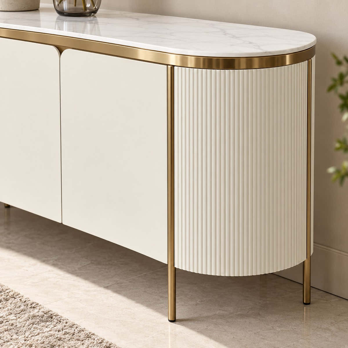 Cream fluted curved side panel and metallic trim.