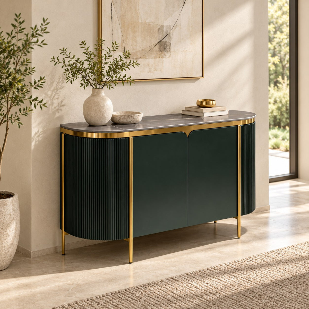 Dark fluted sideboard with gold-tone frame and dark top styled in a room.