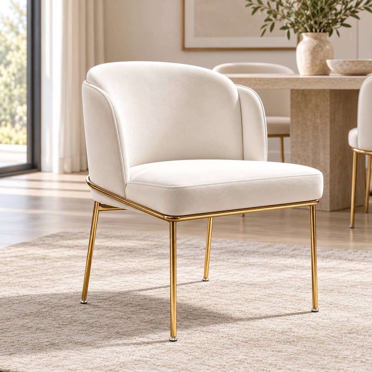 Off-white velvet dining chair with slim gold-tone frame styled in a room.