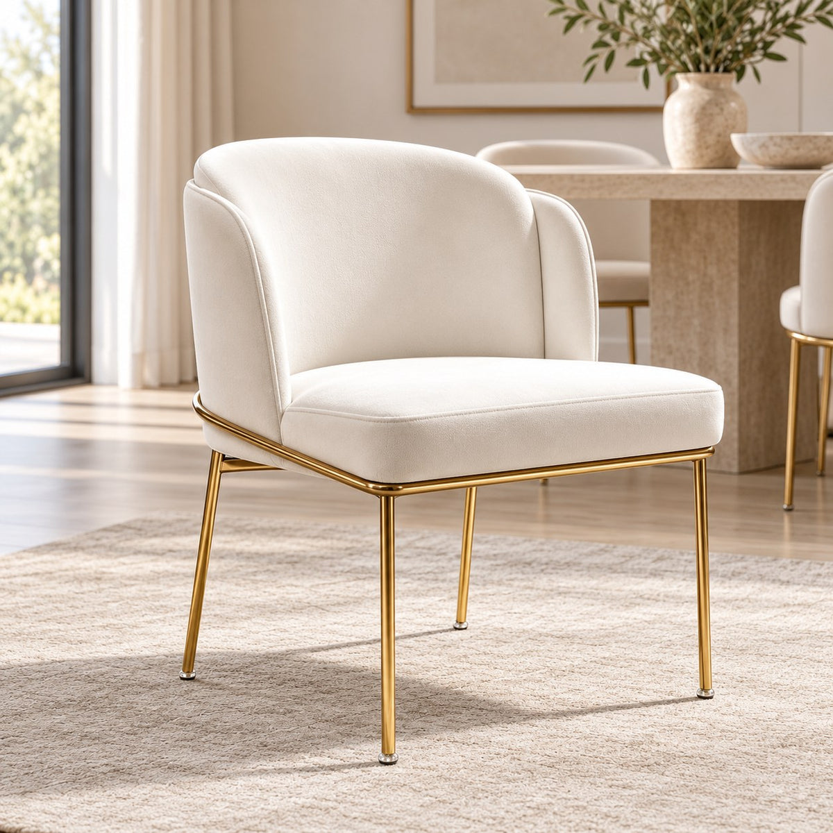 Off-white velvet dining chair with slim gold-tone frame styled in a room.