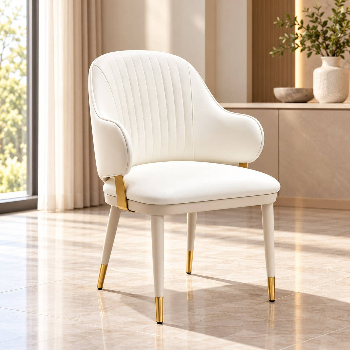 Off-white channel-back dining chair with gold-tipped legs styled in a room.