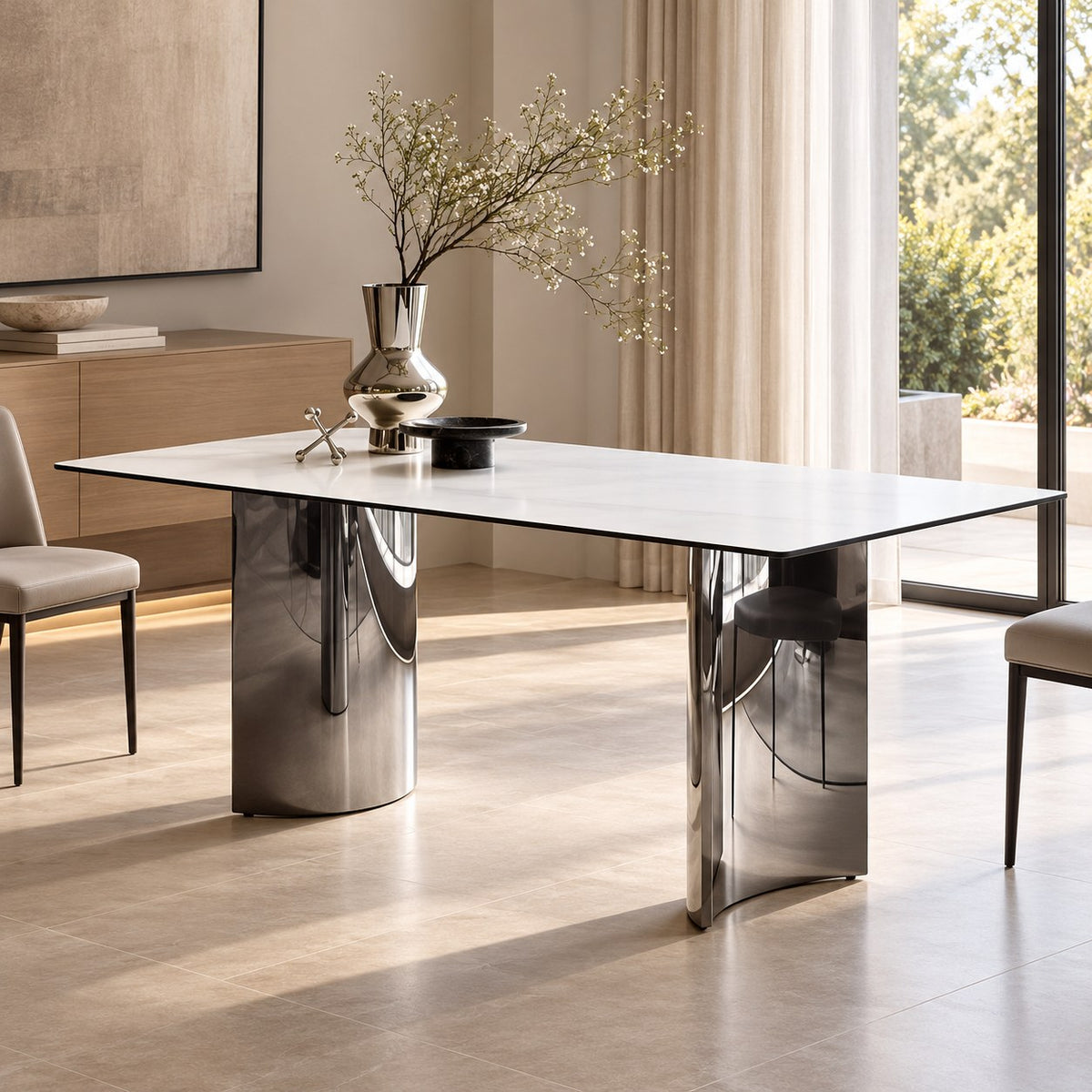 White ceramic dining table with two reflective chrome-tone pedestals styled in a room.