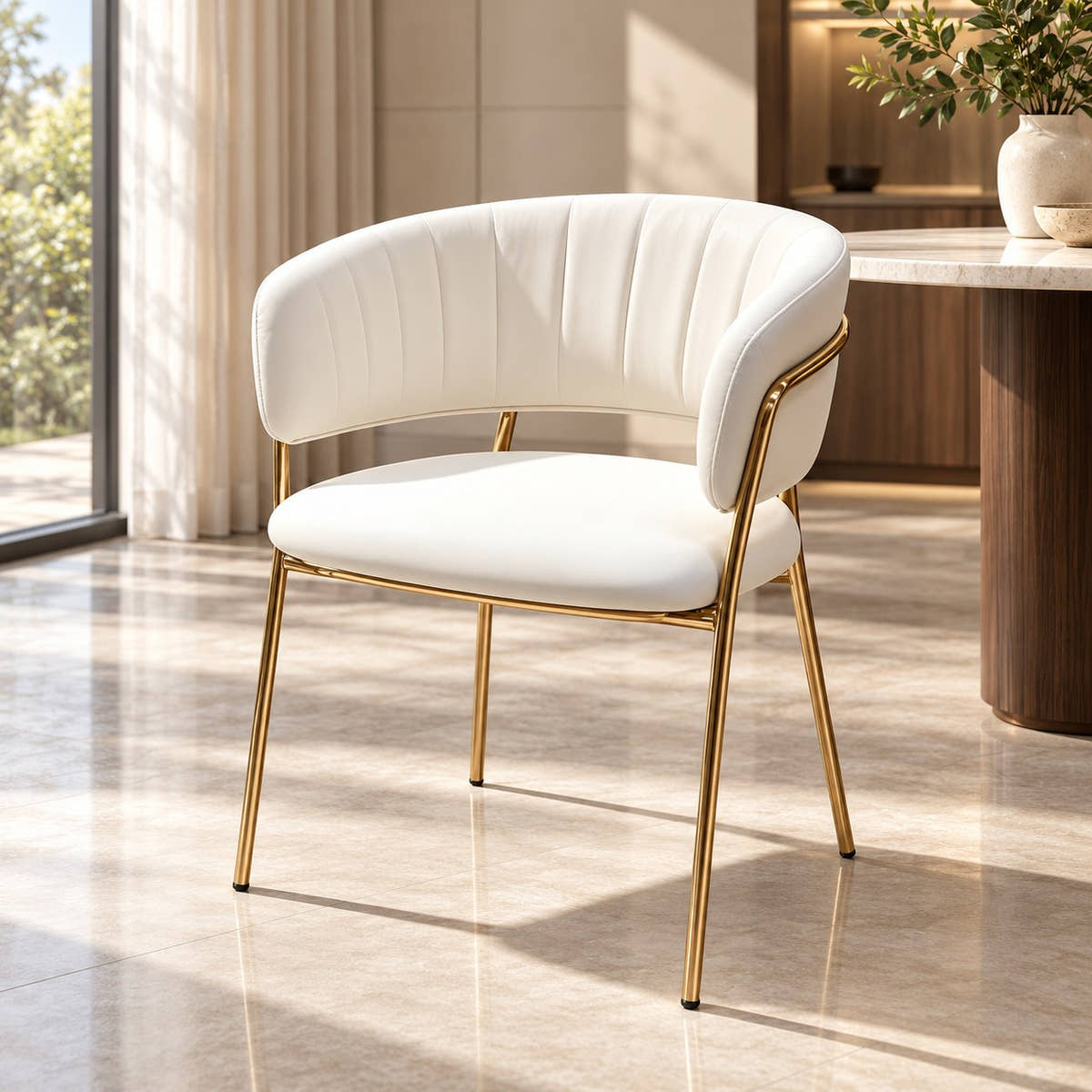 Off-white wraparound dining chair with gold-tone tubular frame styled in a room.