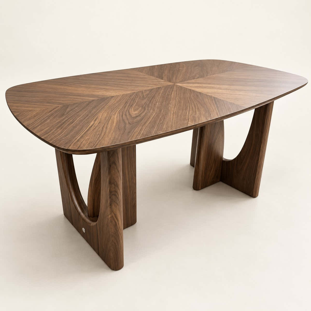 Wood-veneer dining table with rounded top and open-cutout supports on a neutral background.