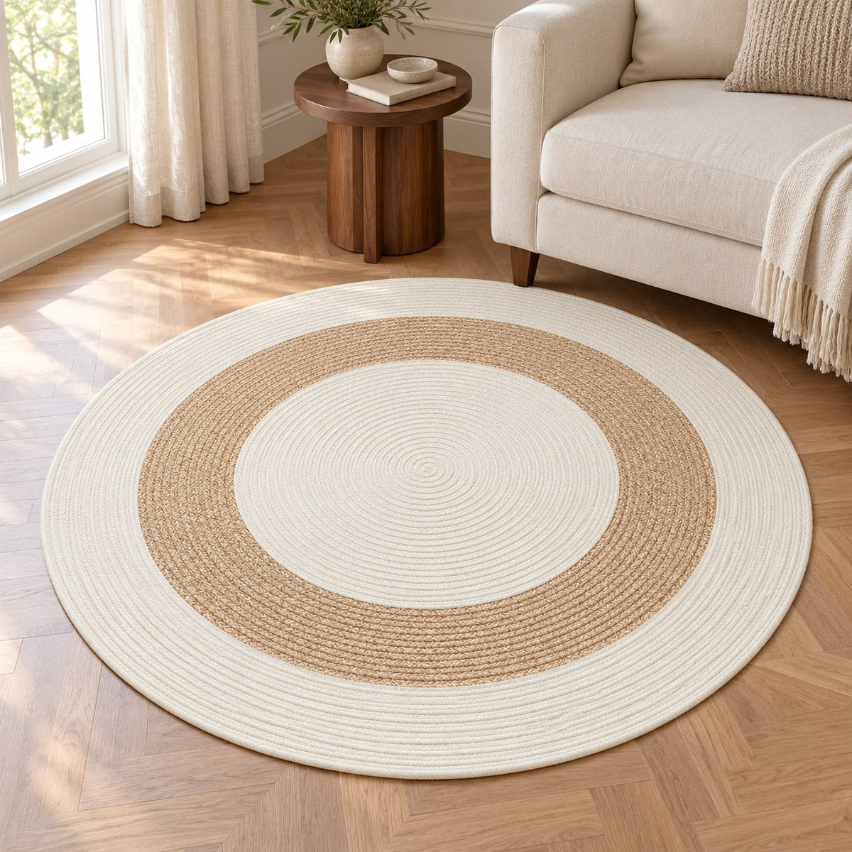 Solara Ivory & Sand Round Woven Rug – BSY-04 — digitally staged living room view