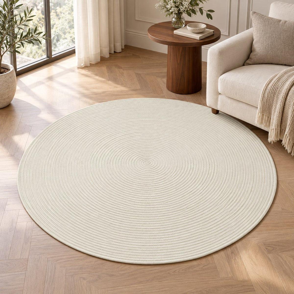 Alba Ivory Round Woven Rug – BSY-11 — digitally staged living room view