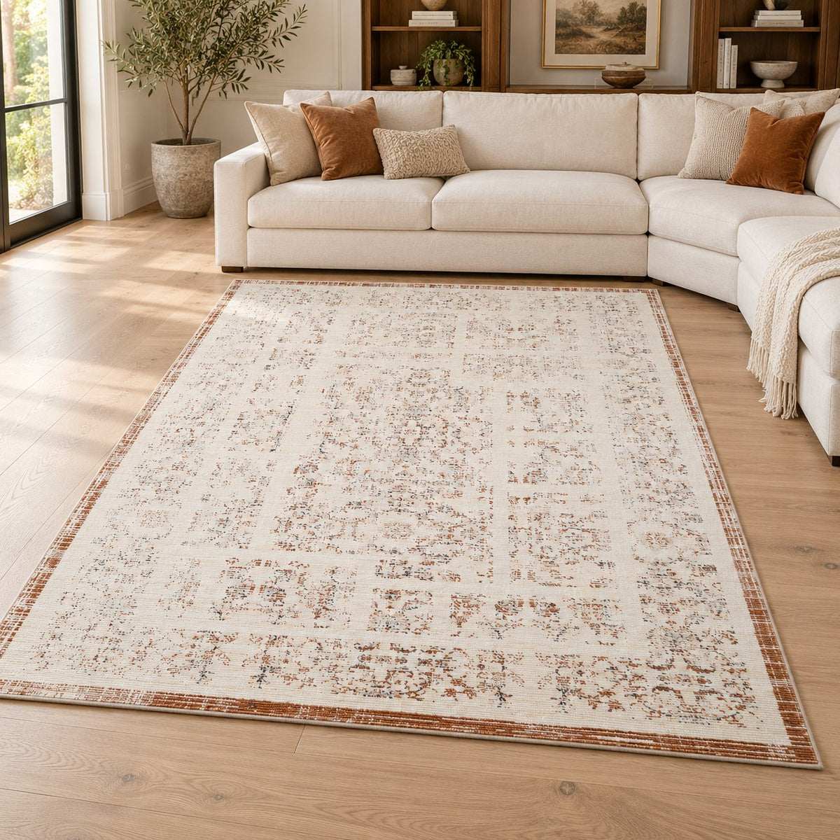 Aurelia Ivory & Rust Textured Area Rug – FF-04 — digitally staged living room view