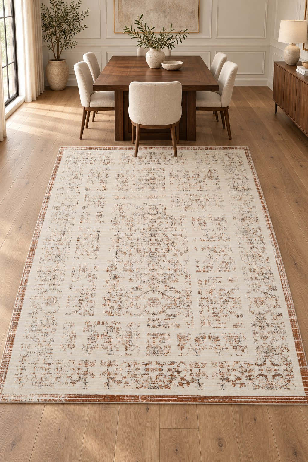 Aurelia FF-04 ivory and rust area rug in a digitally staged dining room with walnut table
