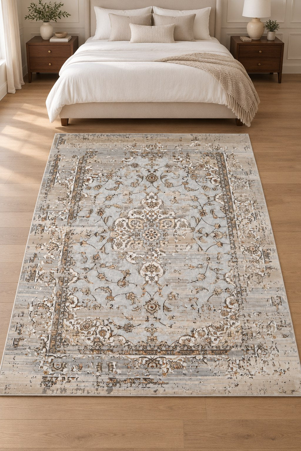 Afsana FF-10 grey and beige floral medallion rug in a digitally staged modern classic bedroom