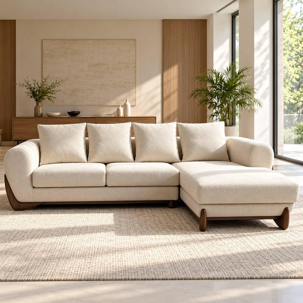 A modern sectional sofa with a chaise lounge in a warm cream fabric, styled in a bright, contemporary living room with a textured rug, wooden console, and potted plants.