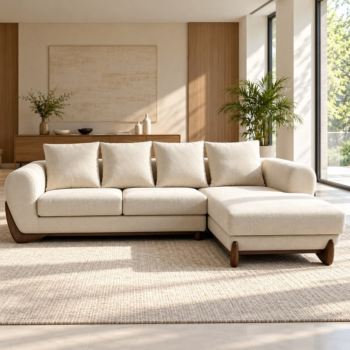 A modern sectional sofa with a chaise lounge in a warm cream fabric, styled in a bright, contemporary living room with a textured rug, wooden console, and potted plants.