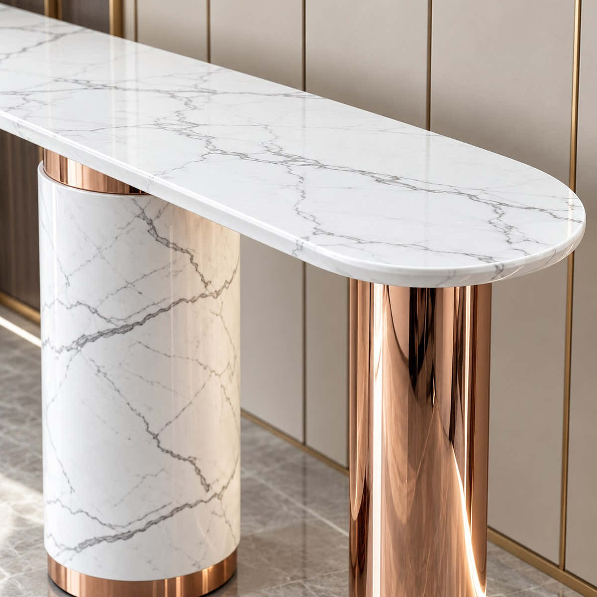 Marble tabletop and rounded edge.