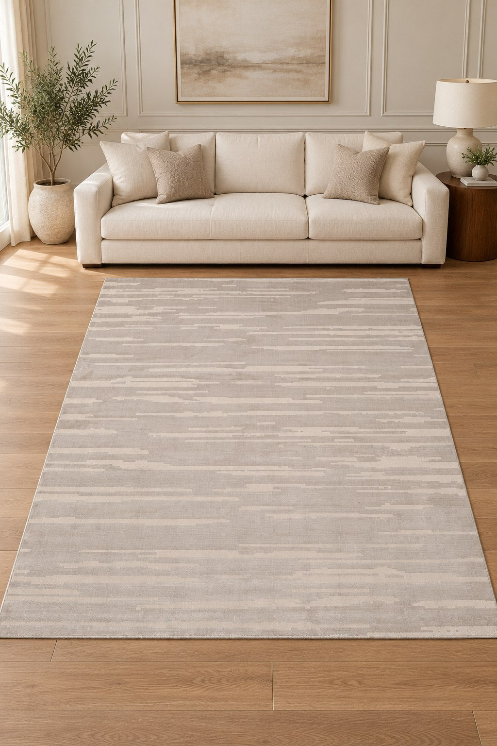 Lyra Ivory & Greige Abstract Area Rug – LL-11 — digitally staged living room view