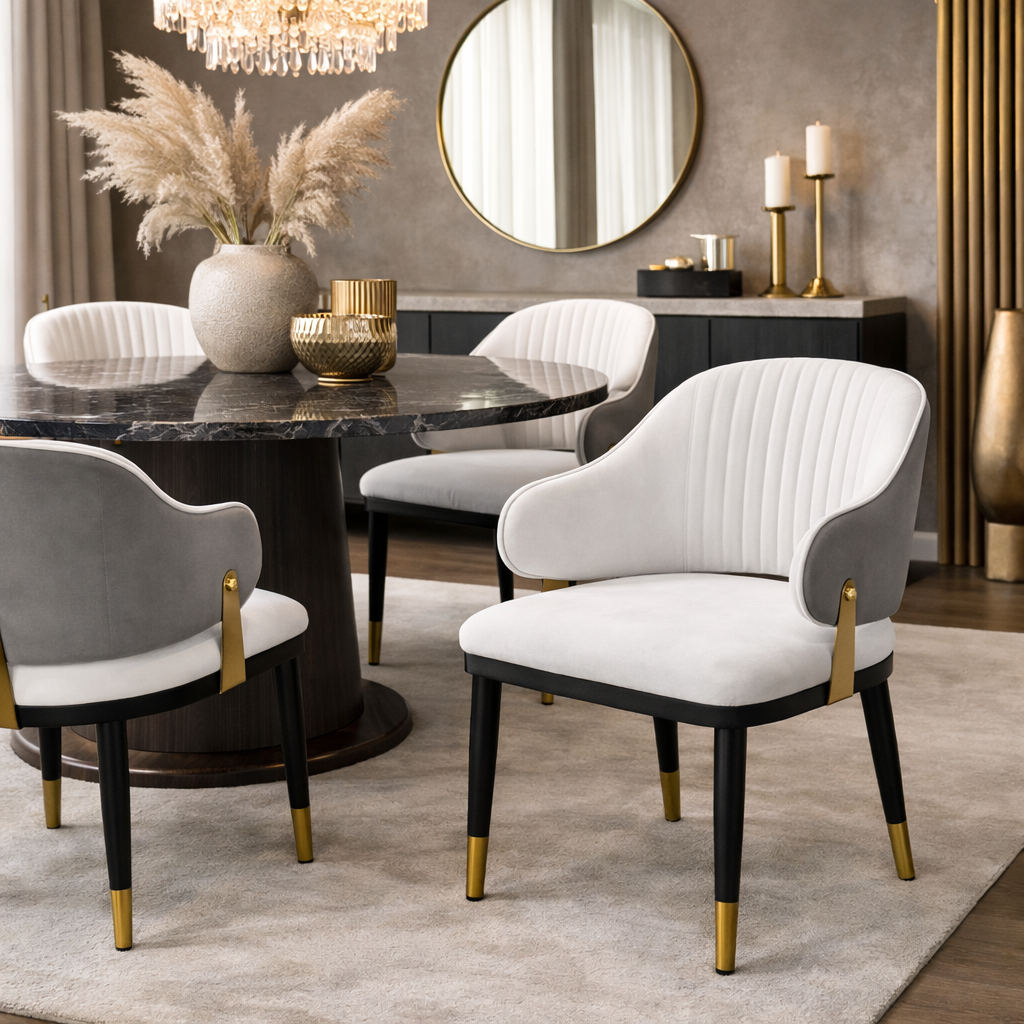 luxury two tone dining chair with gold accent frame and curved backrest