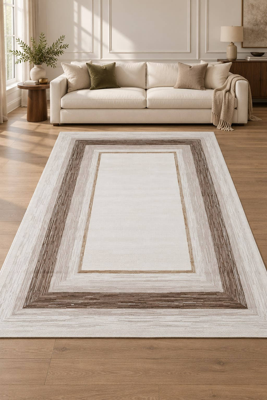 Marlow Ivory & Mocha Border Area Rug – MR711A — digitally staged living room view