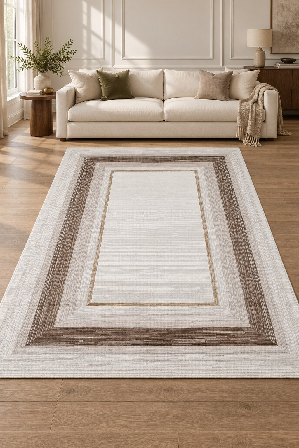 Marlow Ivory & Mocha Border Area Rug – MR711A — digitally staged living room view