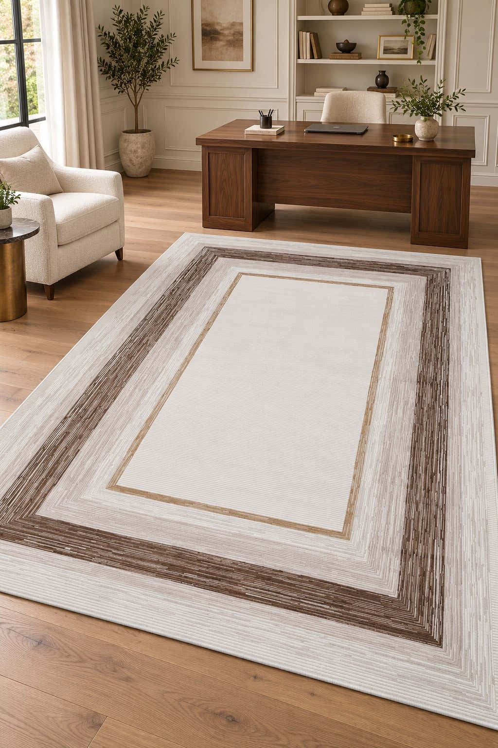 Marlow Ivory & Mocha Border Area Rug – MR711A — digitally staged office view