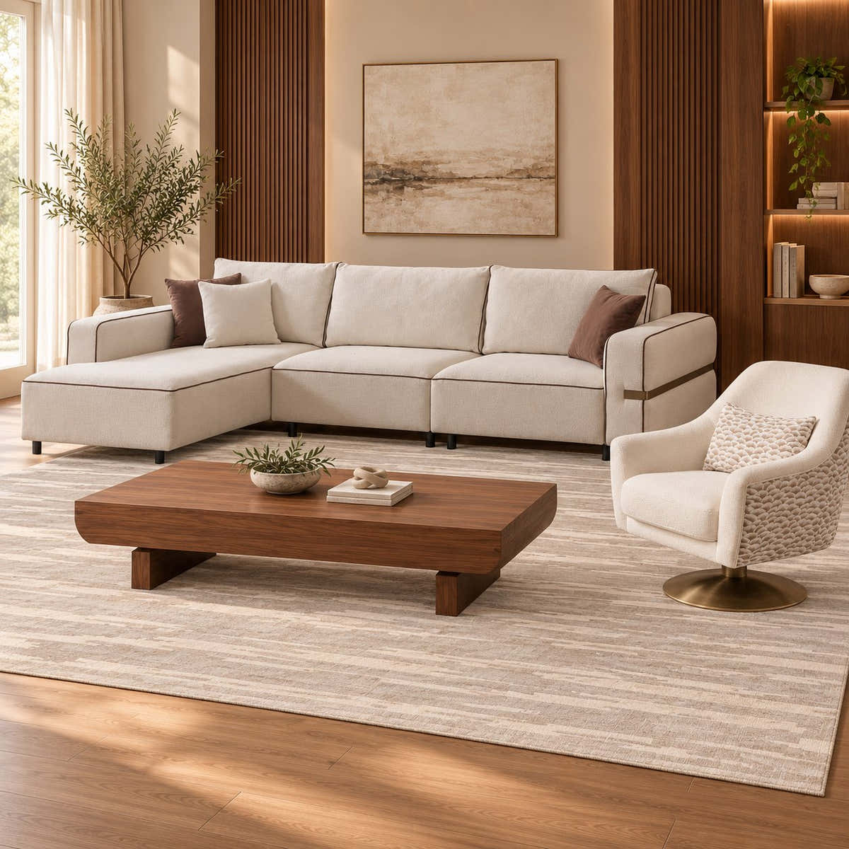 Riva cream sectional sofa and patterned accent chair with Glara Home walnut coffee table and Lyra ivory greige rug, digitally staged living room