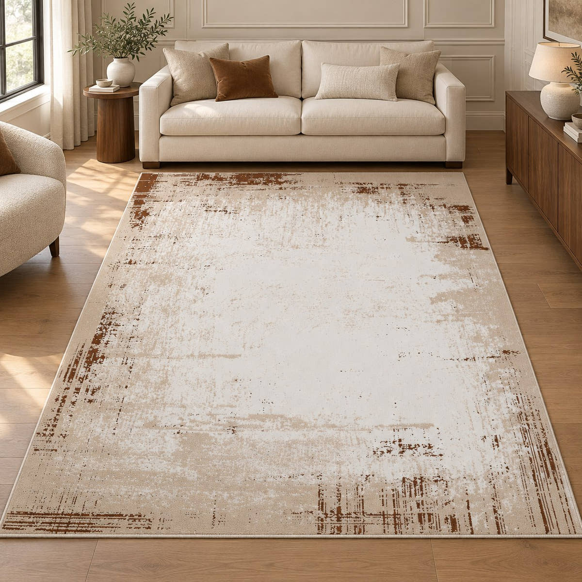 Sienna Ivory & Caramel Abstract Area Rug – YC-08 — digitally staged living room view