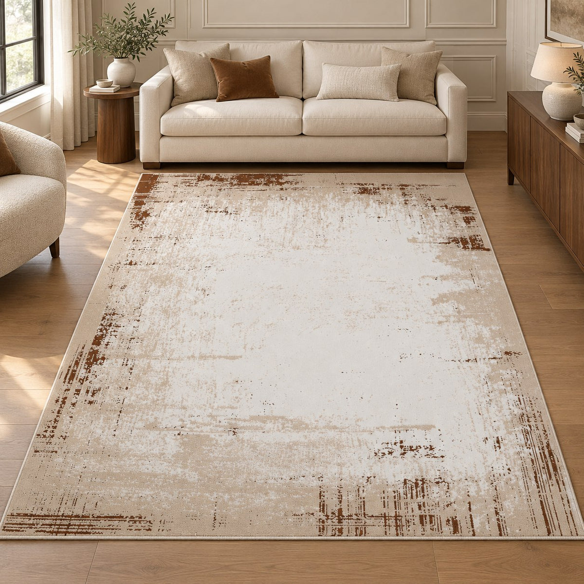 Sienna Ivory & Caramel Abstract Area Rug – YC-08 — digitally staged living room view