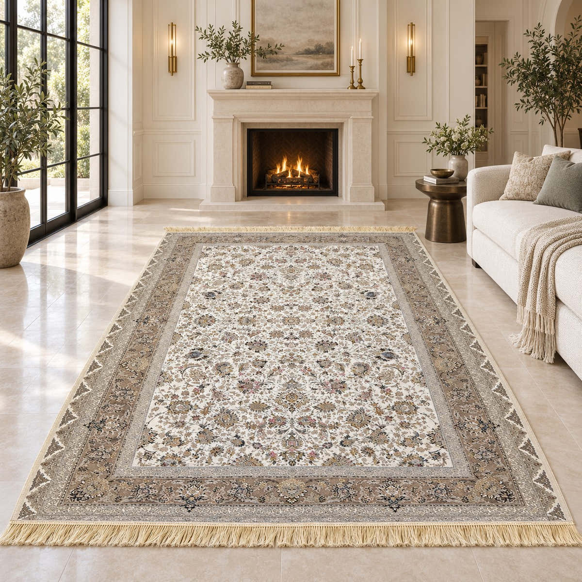 Golpar cream 1500 reed Persian rug with ivory-gold fringe in a digitally staged classic-modern sitting room