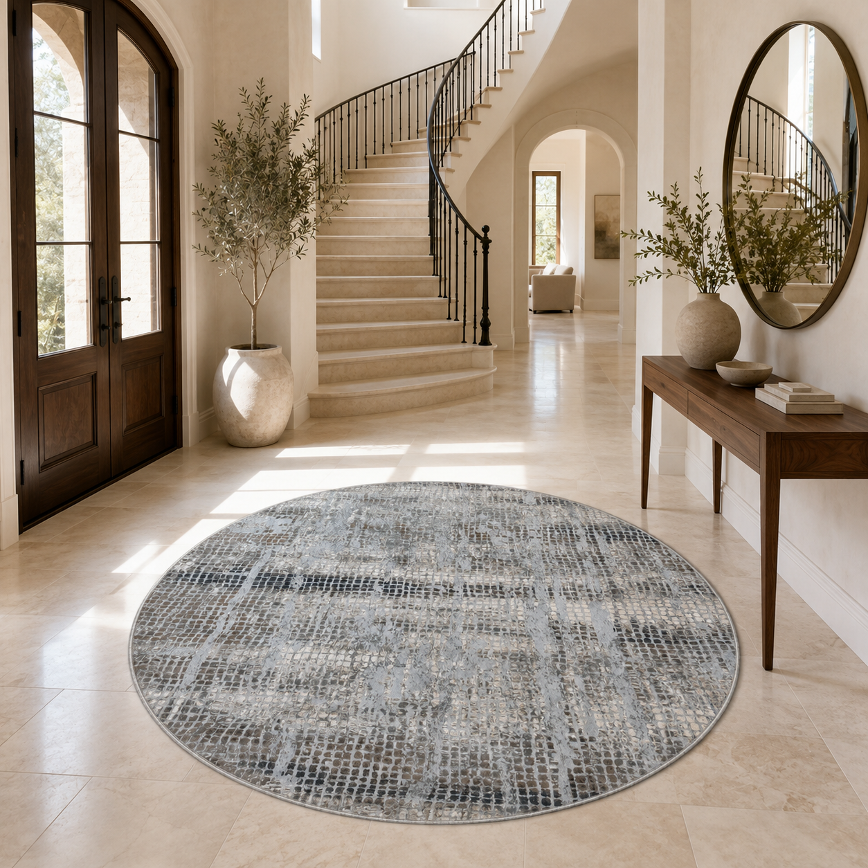 Borrego H4852D light blue round area rug made in Turkey