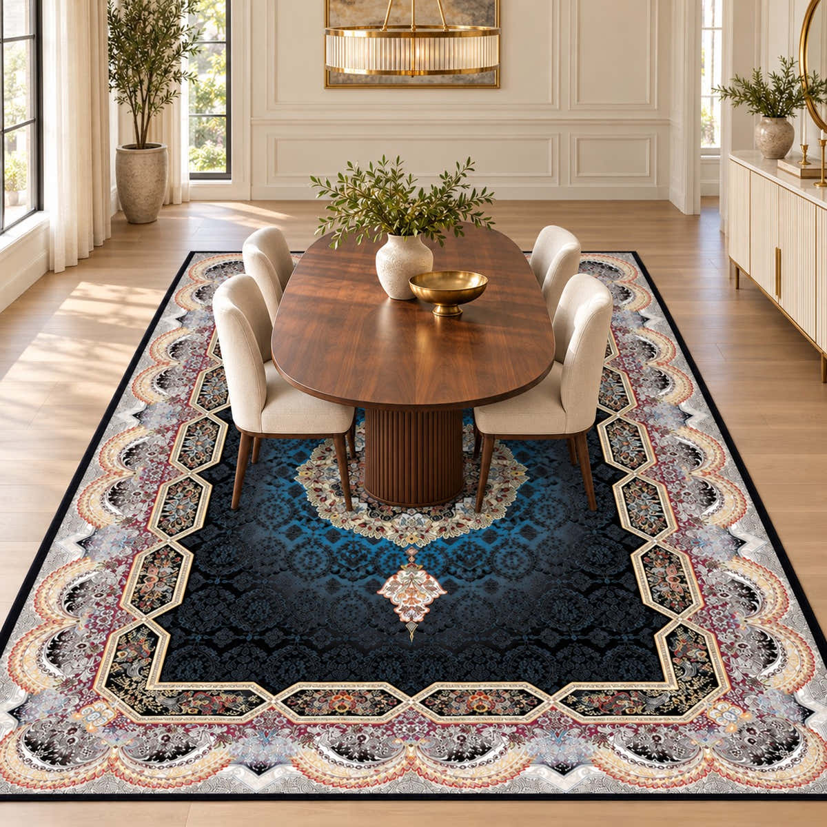 Haliday navy Persian rug with ivory floral medallion beneath a walnut dining table in a digitally staged modern-classic dining room