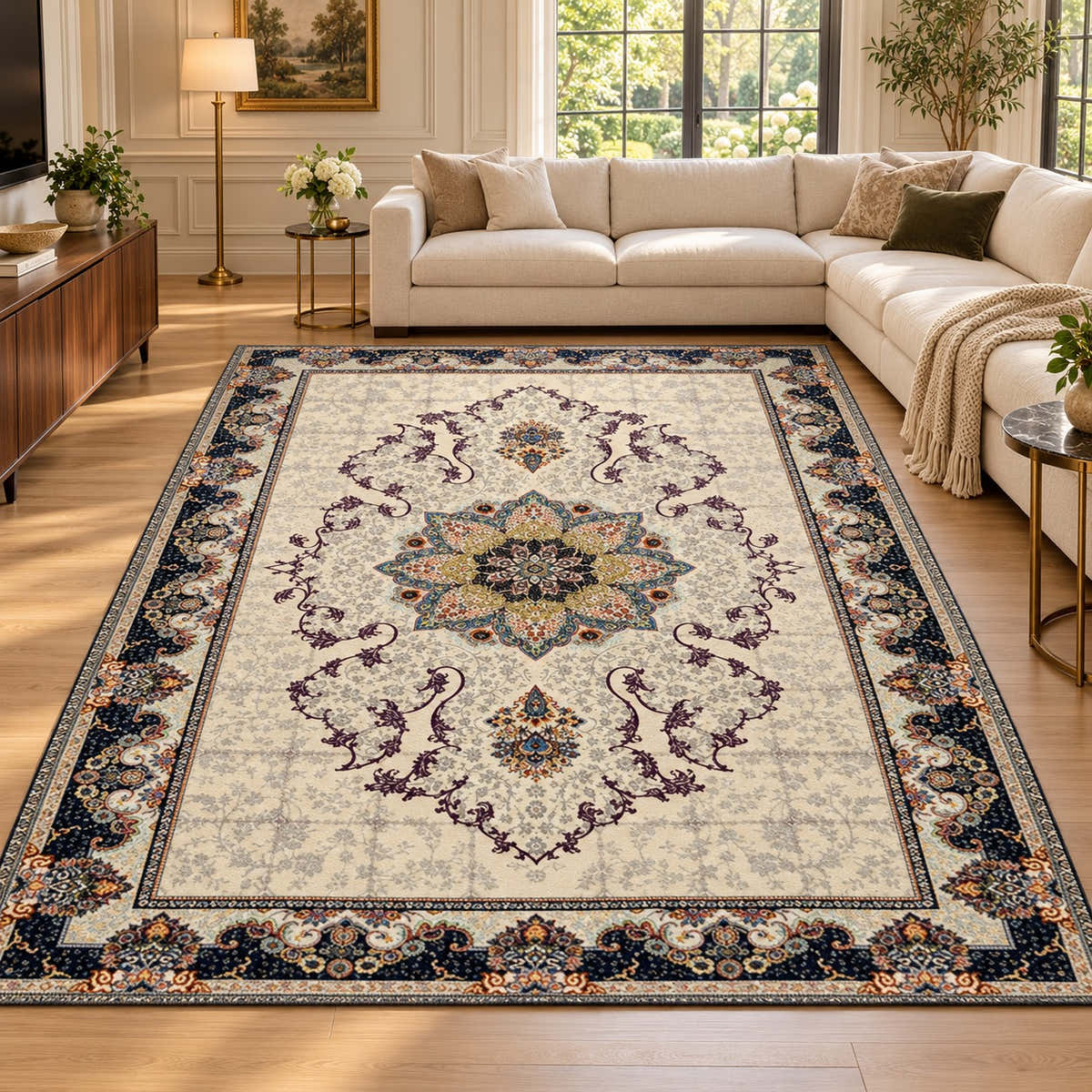 Hiva cream Persian rug with colourful floral medallion and navy border in a digitally staged modern-classic family room