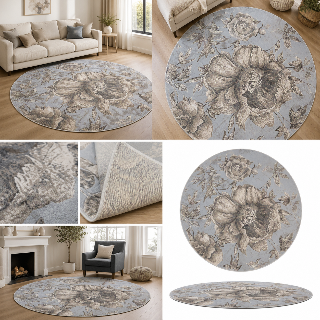 Luxury modern living room featuring Borrego round Turkish floral rug