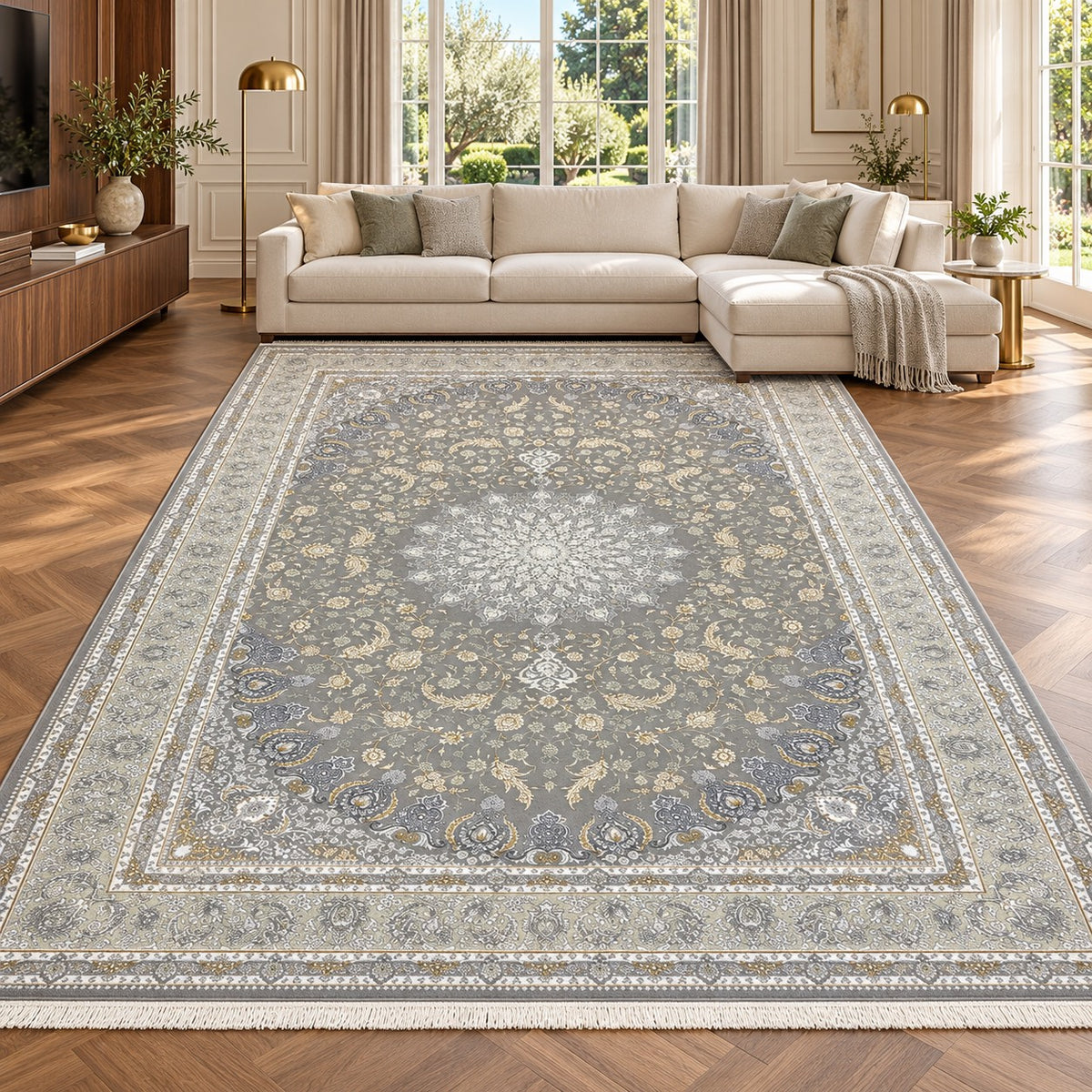 Isfahan light-grey Persian rug with ivory floral medallion and gold accents in a digitally staged modern-classic family room