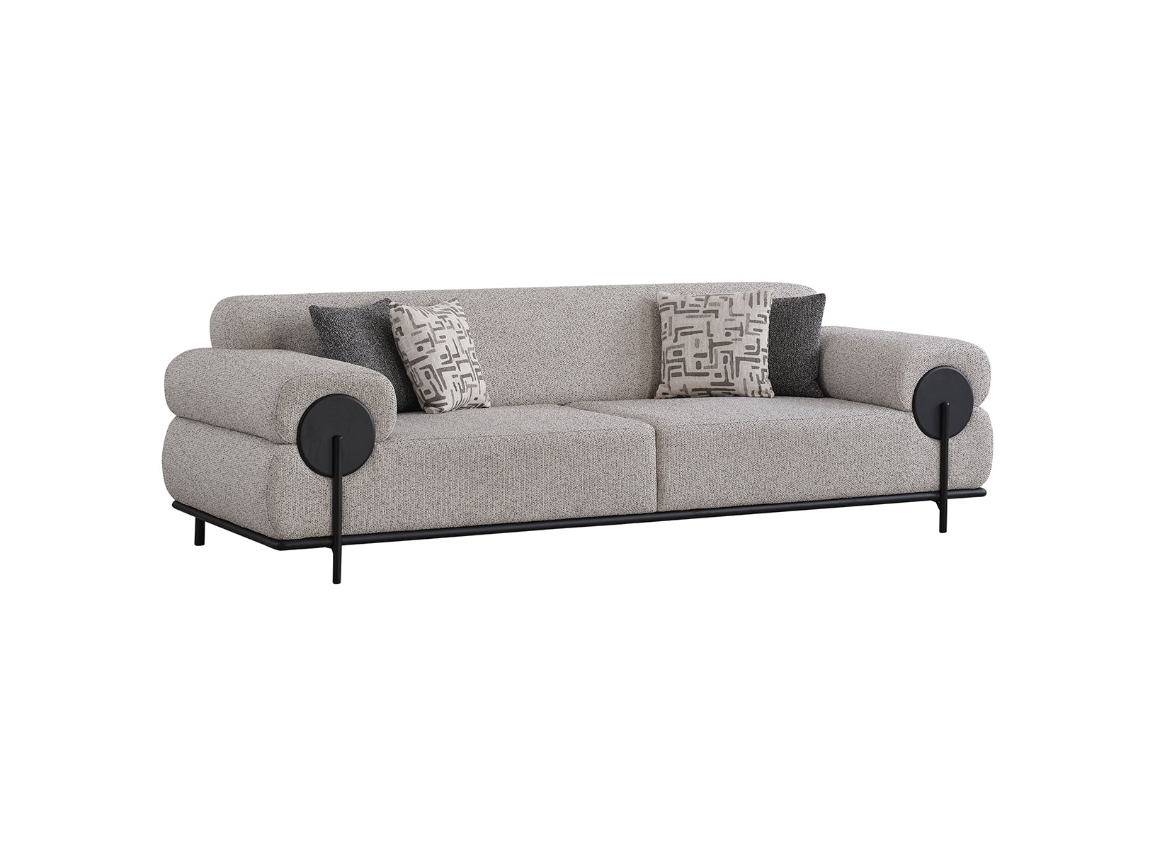 Gray sofa with black legs and patterned cushions on a white background