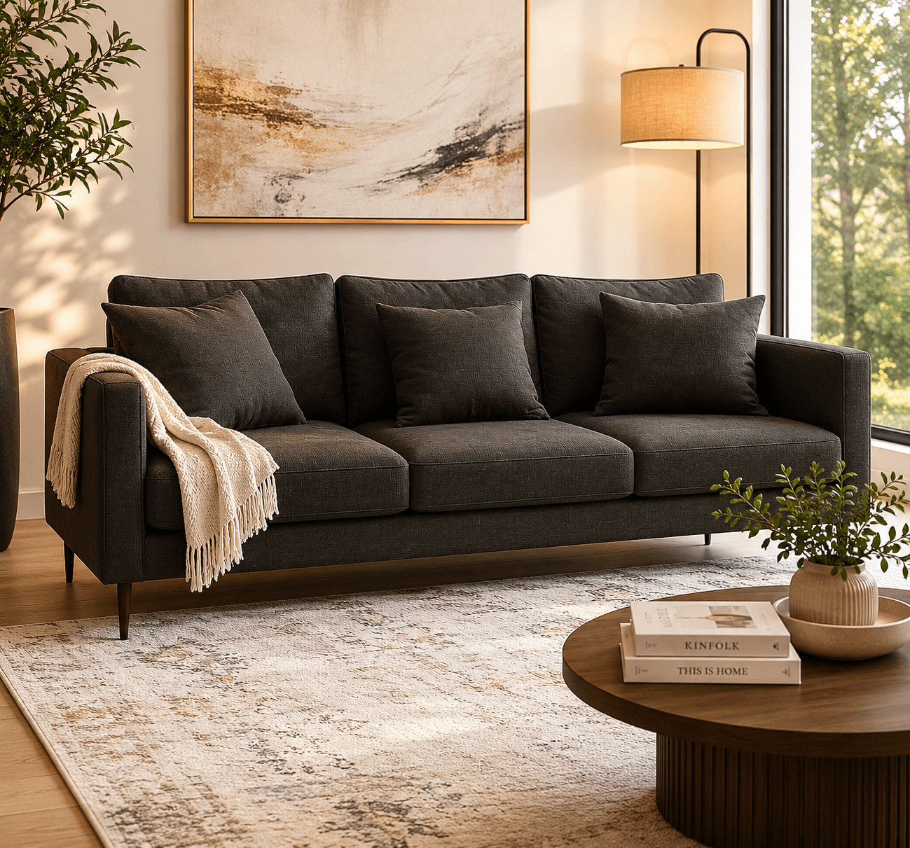 Luna Charcoal 3-Seater Sofa | Modern Linen Sofa Canada | Glara Home