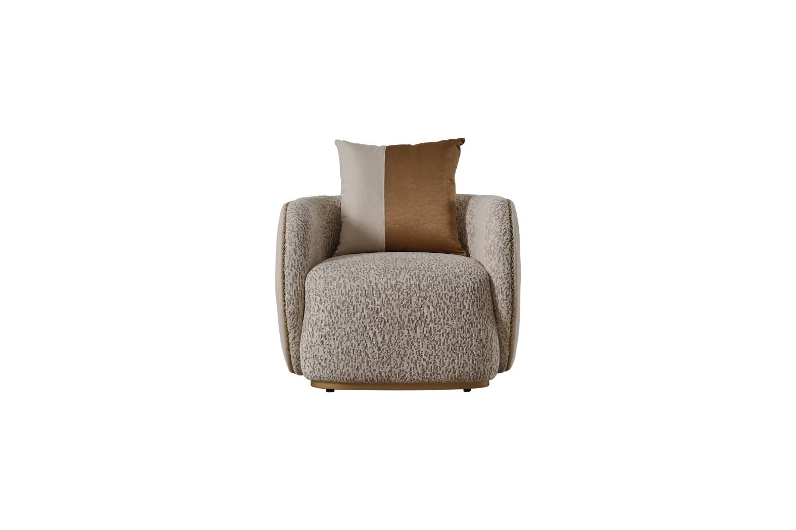 Brown armchair with a striped pillow on a white background