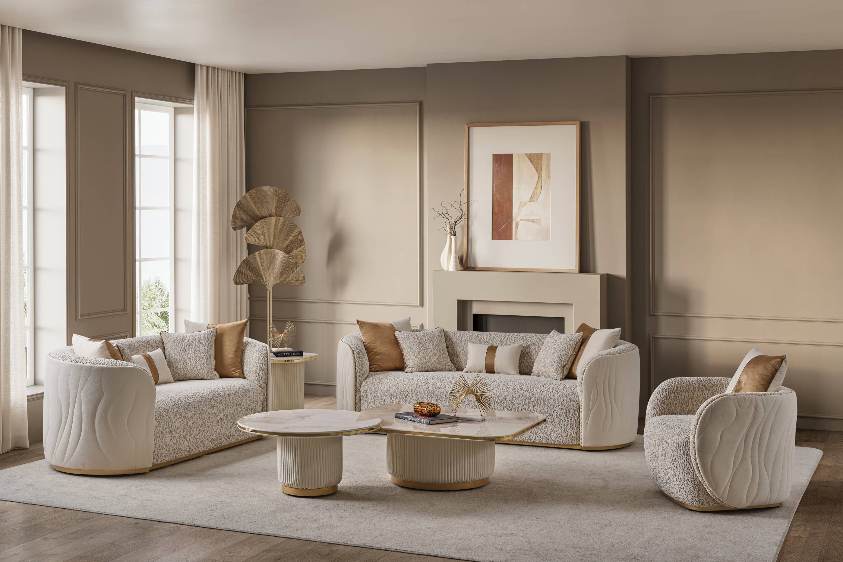 Modern living room with beige walls, white furniture, and decorative elements.
