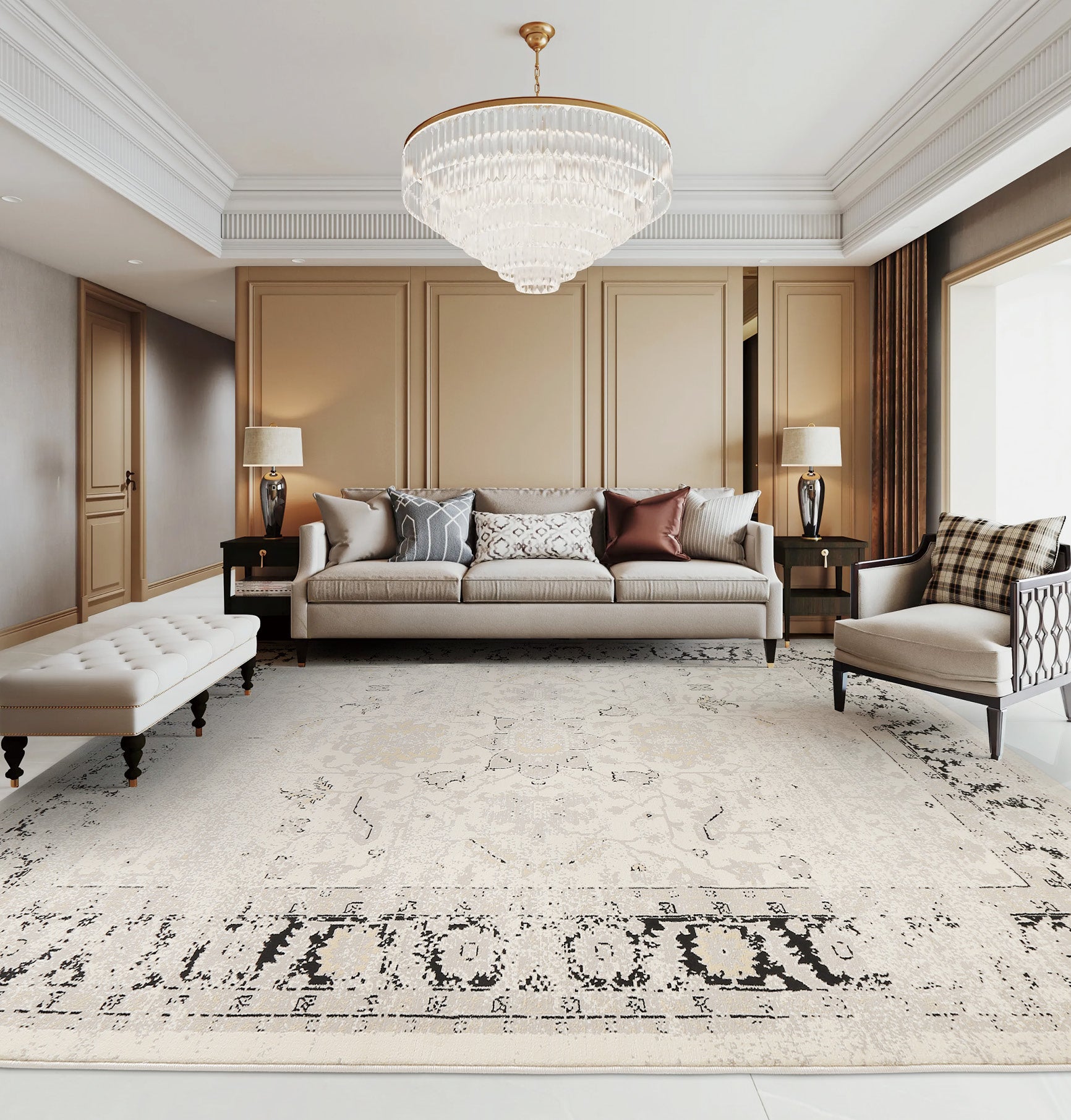 Glara Heritage Luxe Rug – Ivory & Charcoal Vintage Abstract (12mm Plush)