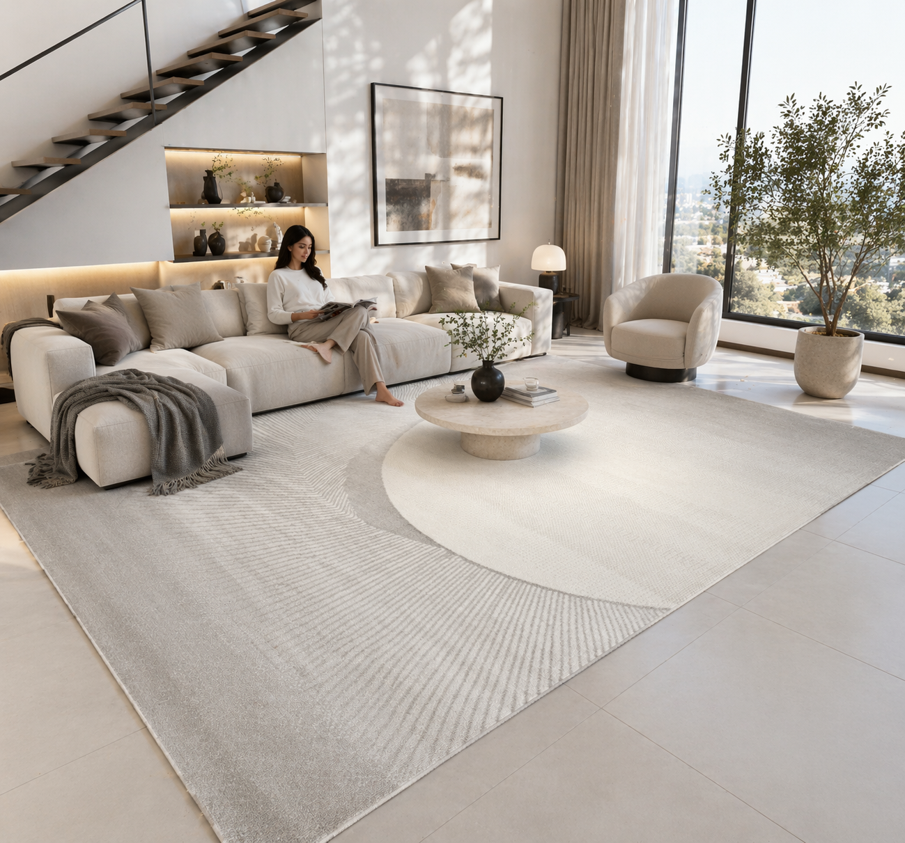 Glara “LUMORA” Light Curve Area Rug – Ivory & Soft Grey ( TY 08 )