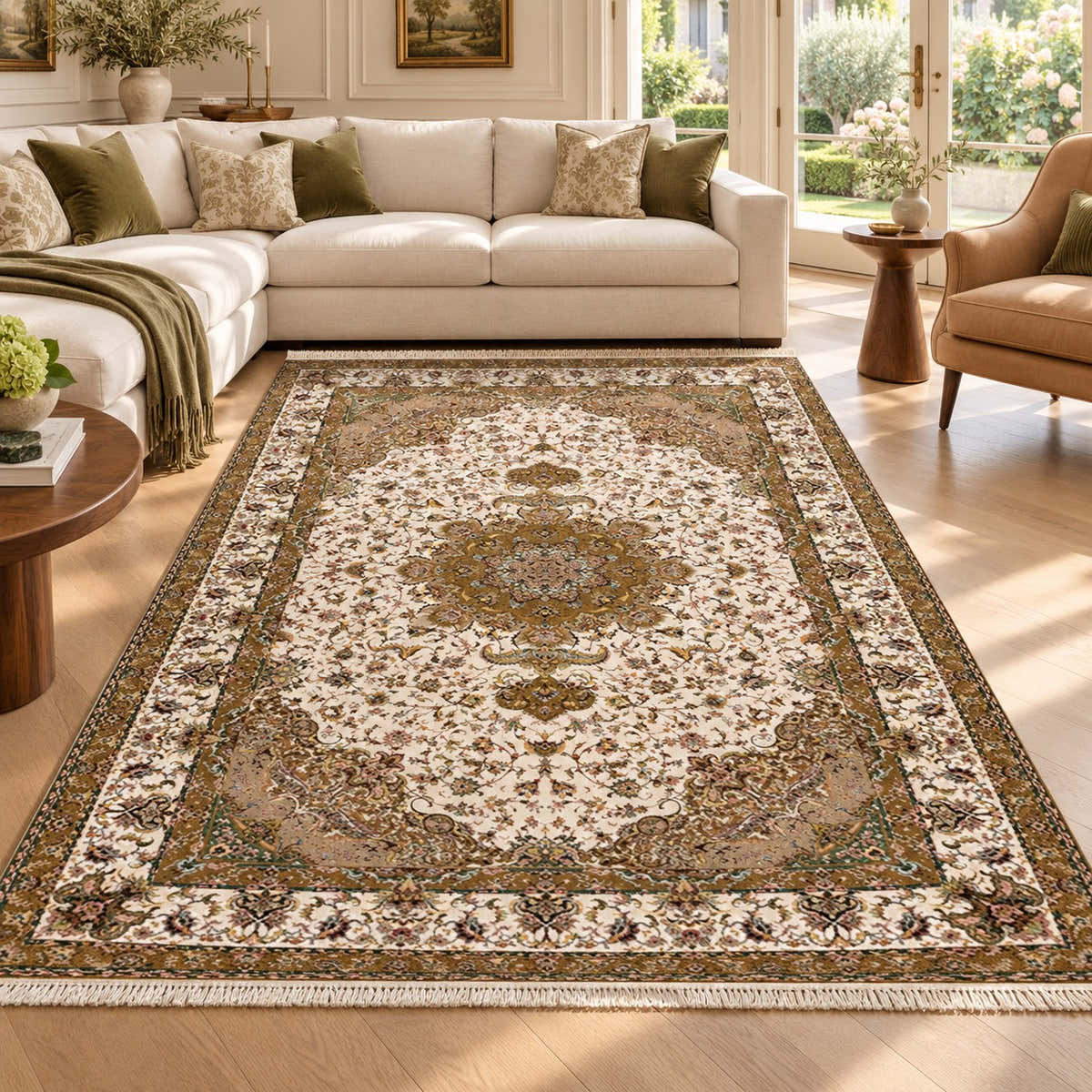 Oleia ivory Persian rug with gold and green floral medallion in a digitally staged modern-classic family room