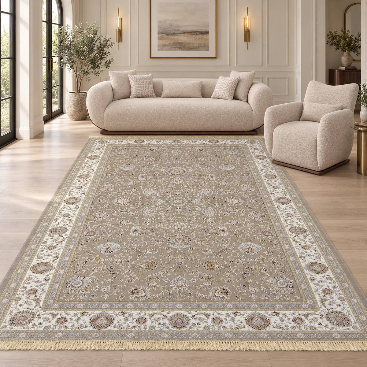 Parimah beige cream Persian rug with fine ivory-gold fringe, styled with Glara Florida curved sofa and accent chair in a digitally staged living room