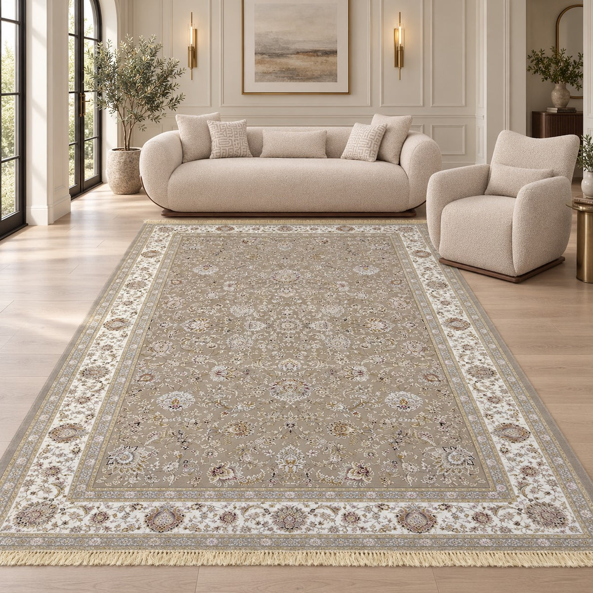 Parimah beige cream Persian rug with fine ivory-gold fringe, styled with Glara Florida curved sofa and accent chair in a digitally staged living room