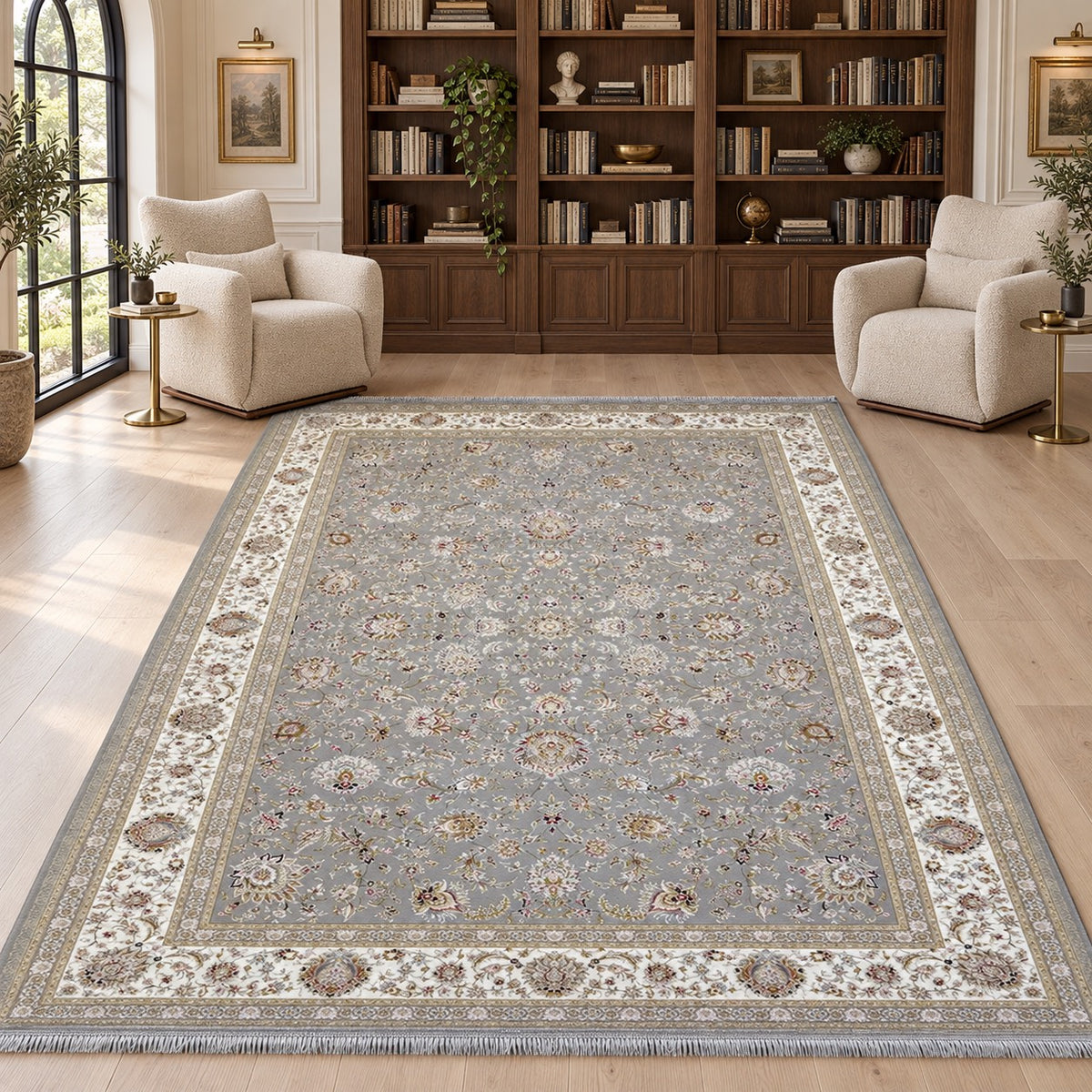 Parimah grey 1500 reed Persian rug with fine grey fringe, styled with Glara Florida accent chairs in a digitally staged library reading room