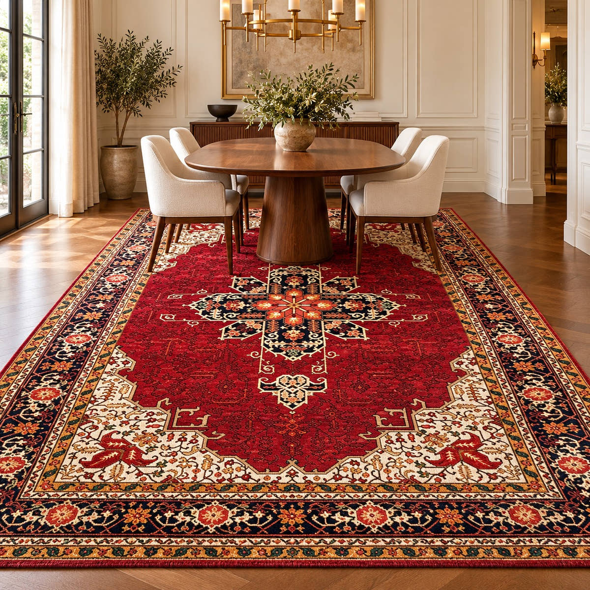 Qashqai red Persian rug code 260 with cream floral corners in a digitally staged modern-classic dining room