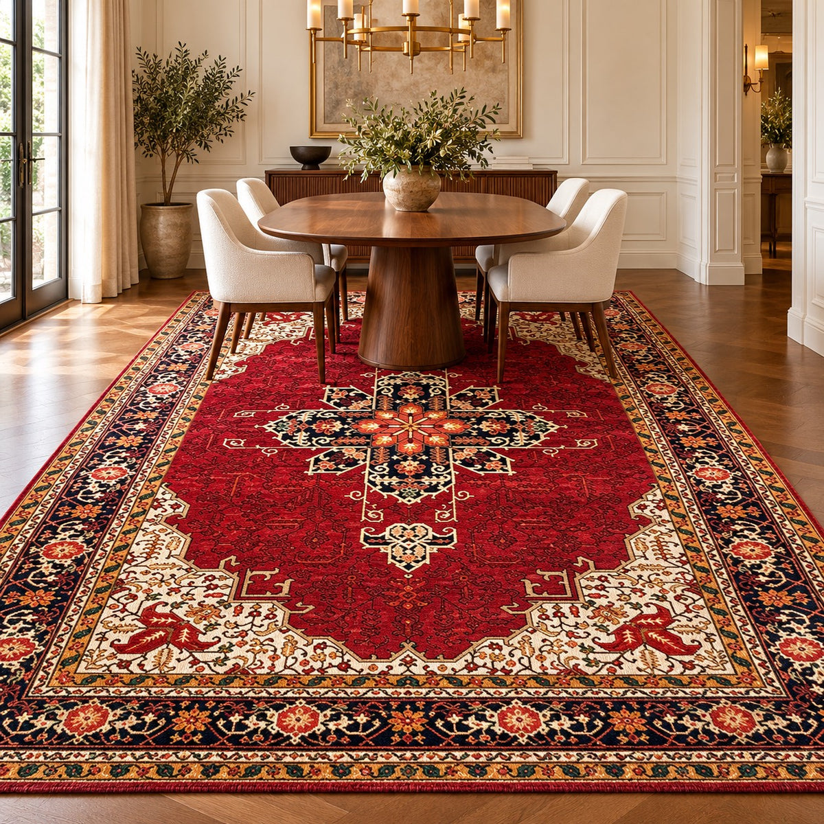 Qashqai red Persian rug code 260 with cream floral corners in a digitally staged modern-classic dining room