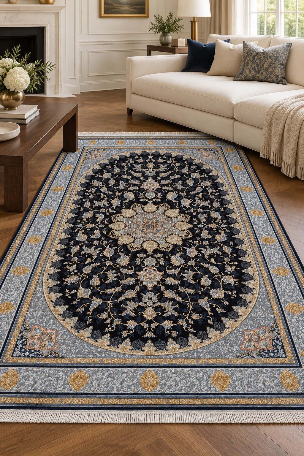 Simin black Persian rug with silver-blue border and gold floral medallion in a digitally staged modern-classic family room